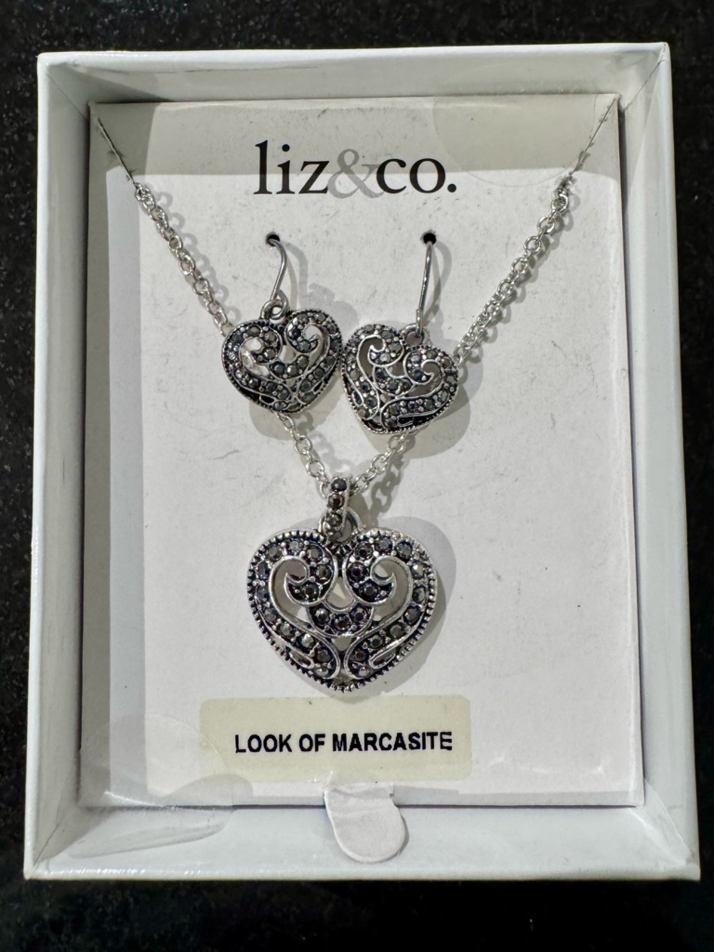 Silver Heart Marcasite Necklace & Earrings Set